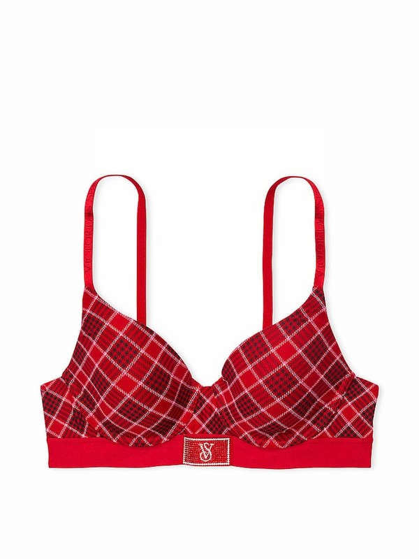 Red Victoria Secret Lipstick Plaid Lightly Lined Full Cup Shine Patch Bras | DSNBT8795