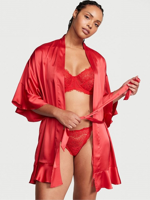 Red Victoria Secret Lipstick Satin Flounce Satin Robe Lingerie | GSDPN4918