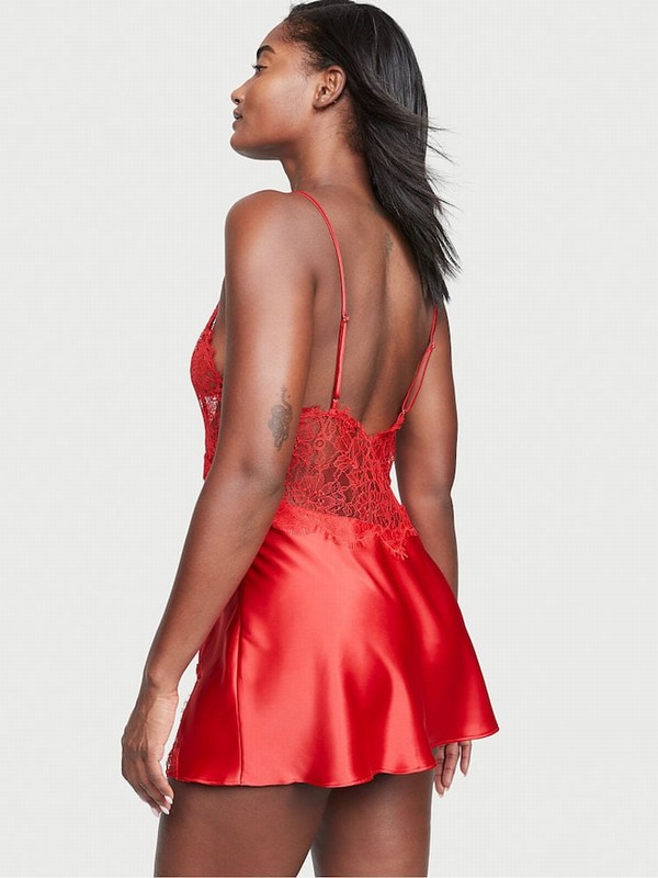Red Victoria Secret Lipstick Satin Lace Slip Nightwear | AESPW9765