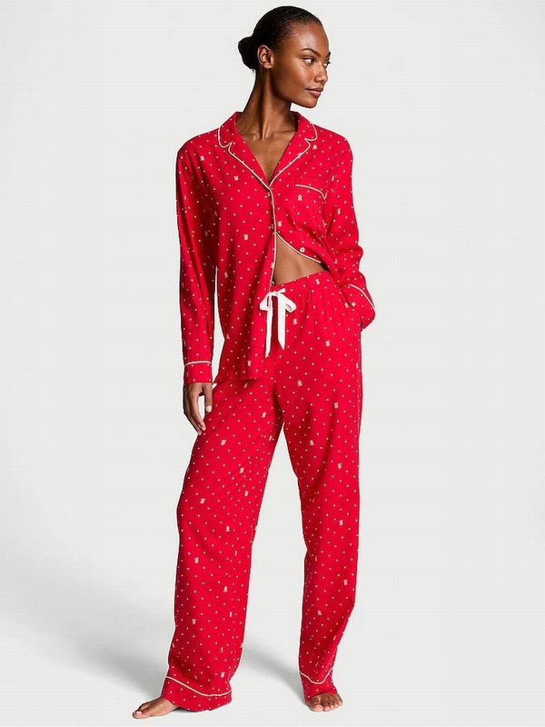 Red Victoria Secret Lipstick VS Pin Dot Flannel Long Nightwear | GRLKS2903
