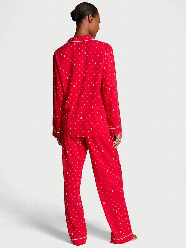 Red Victoria Secret Lipstick VS Pin Dot Flannel Long Nightwear | GRLKS2903