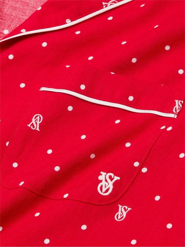 Red Victoria Secret Lipstick VS Pin Dot Flannel Long Nightwear | GRLKS2903