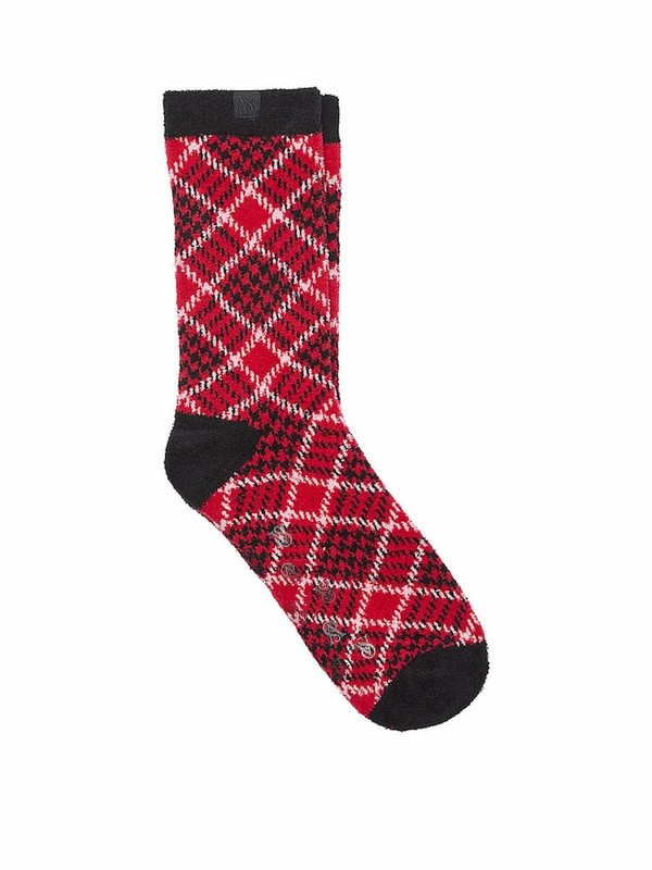 Red Victoria Secret Plaid Fleece Socks | MPVJB0682