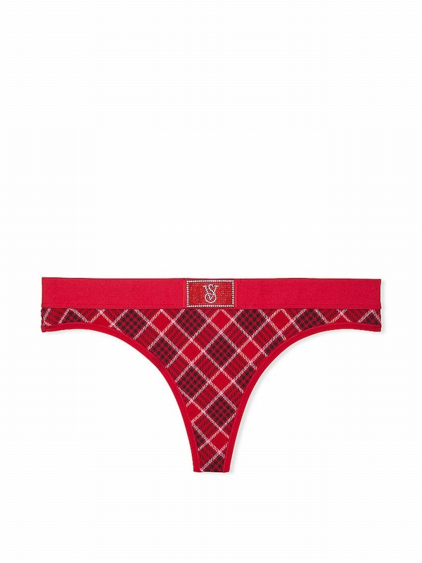 Red Victoria Secret Plaid Thong Logo Shine Patch Underwear | PFRHJ3529