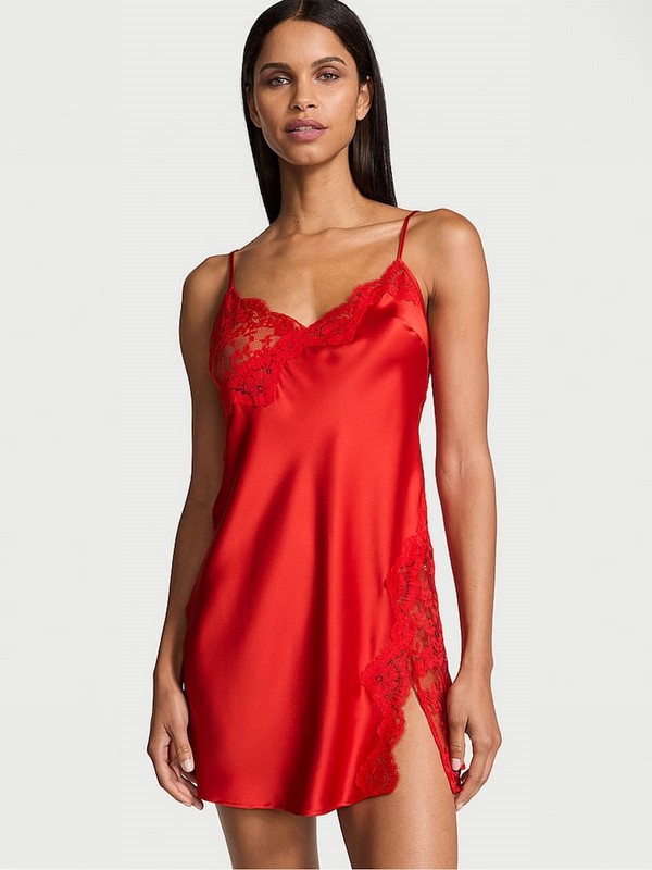 Red Victoria Secret Vermillion Asymetrical Lace Satin Slip Nightwear | NPRSJ3049
