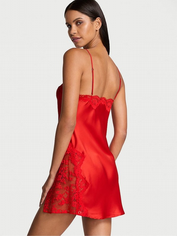 Red Victoria Secret Vermillion Asymetrical Lace Satin Slip Lingerie | CAKJD8607