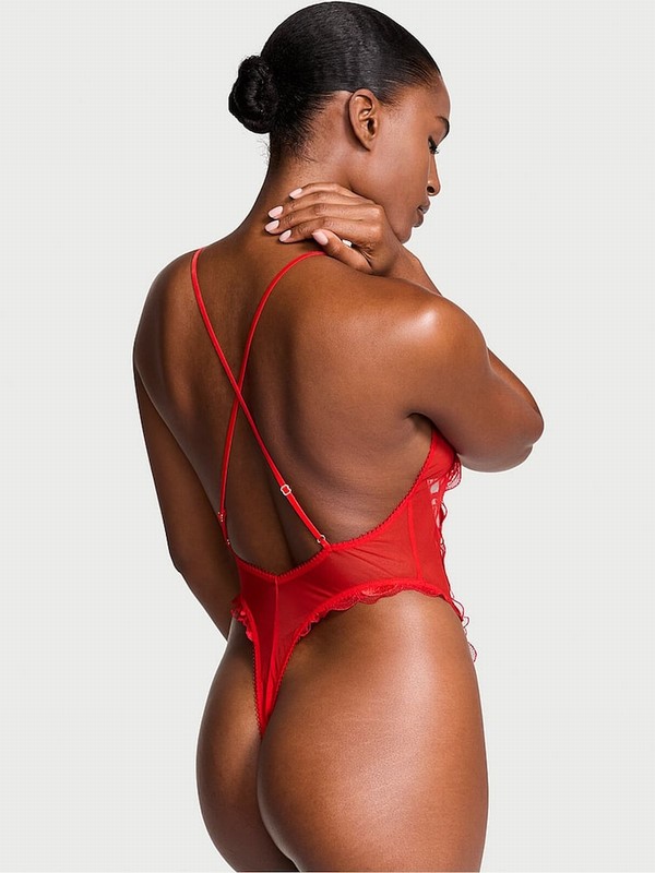 Red Victoria Secret Vermillion Bow Embroidery Bodysuit Lingerie | IKTVL9751