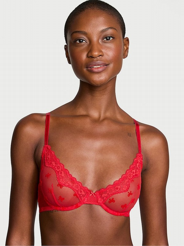 Red Victoria Secret Vermillion Bows Flocked Unlined Demi Bras | NDJXF6395