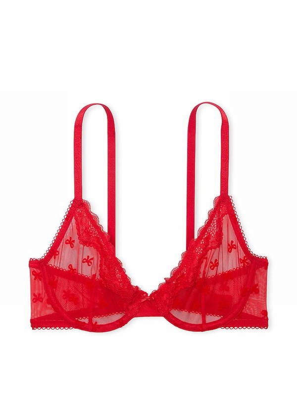 Red Victoria Secret Vermillion Bows Flocked Unlined Demi Bras | NDJXF6395
