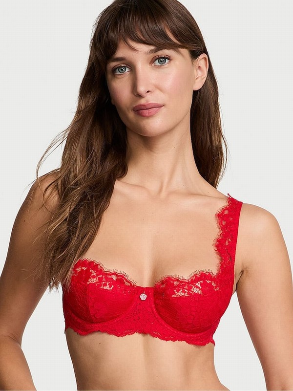 Red Victoria Secret Vermillion Lace Lightly Lined Balcony Bras | UWARK9247