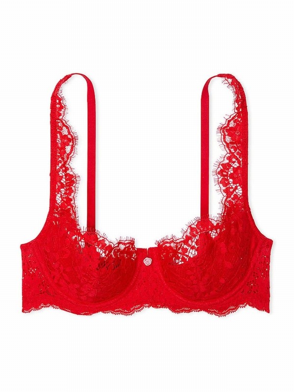 Red Victoria Secret Vermillion Lace Lightly Lined Balcony Bras | UWARK9247
