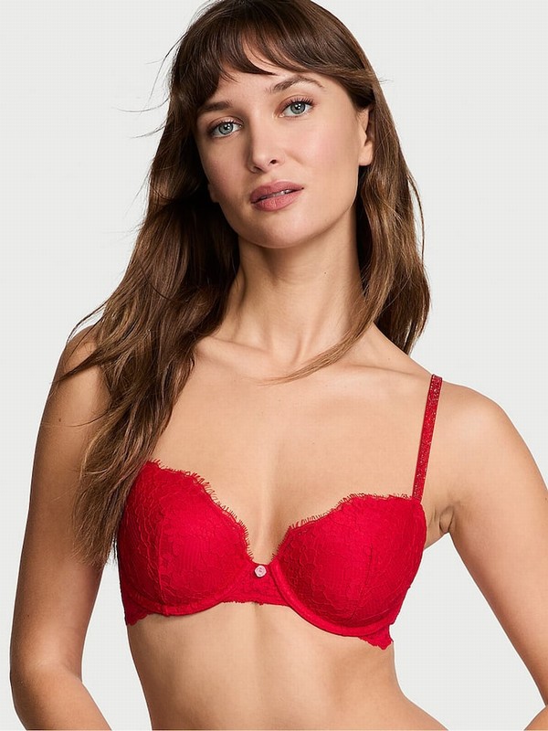 Red Victoria Secret Vermillion Lightly Lined Demi Twinkle Shine Strap Bras | TUPXY0316