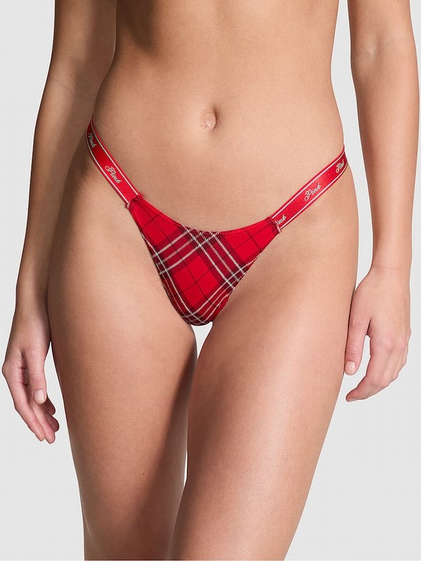 Red Victoria Secret Vermillion Plaid Cotton Logo Mini Scoop Thong Underwear | RUNSH4652