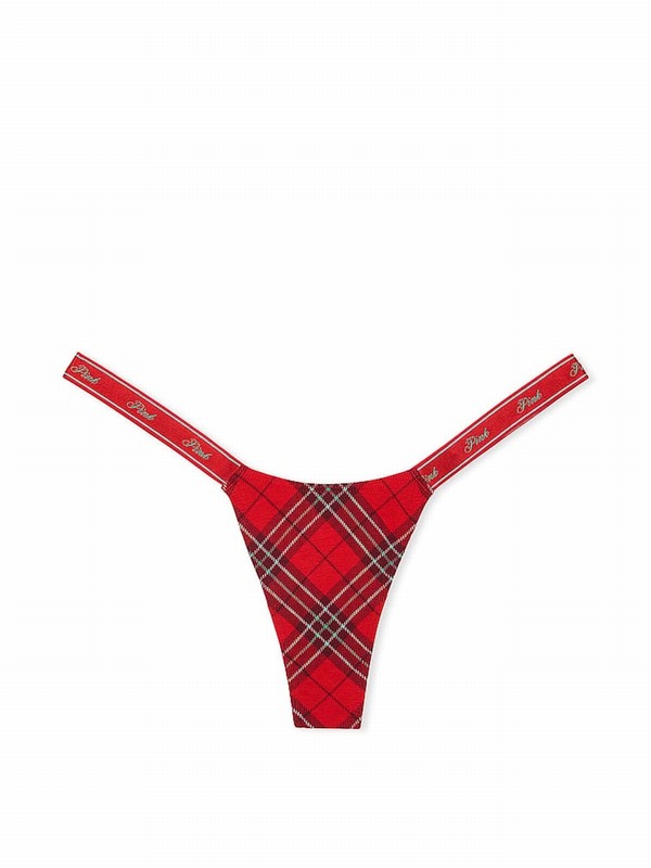 Red Victoria Secret Vermillion Plaid Cotton Logo Mini Scoop Thong Underwear | RUNSH4652