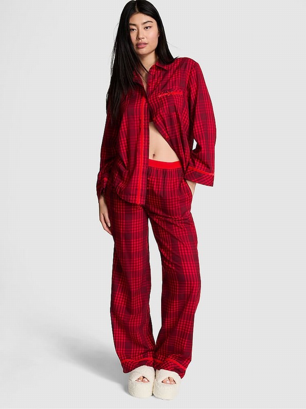 Red Victoria Secret Vermillion Plaid Flannel Long Nightwear | KLQCH5210