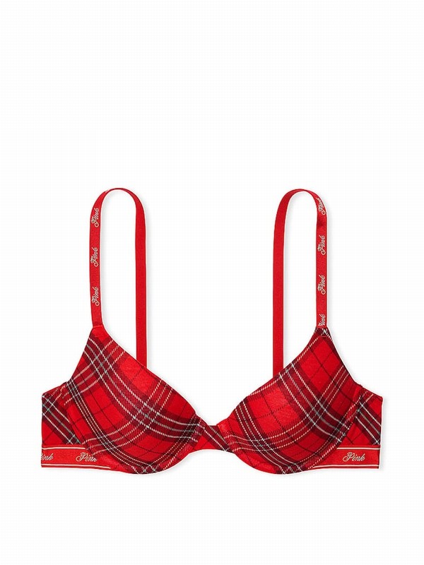 Red Victoria Secret Vermillion Plaid T Shirt Cotton Logo Bras | DAUHE6710