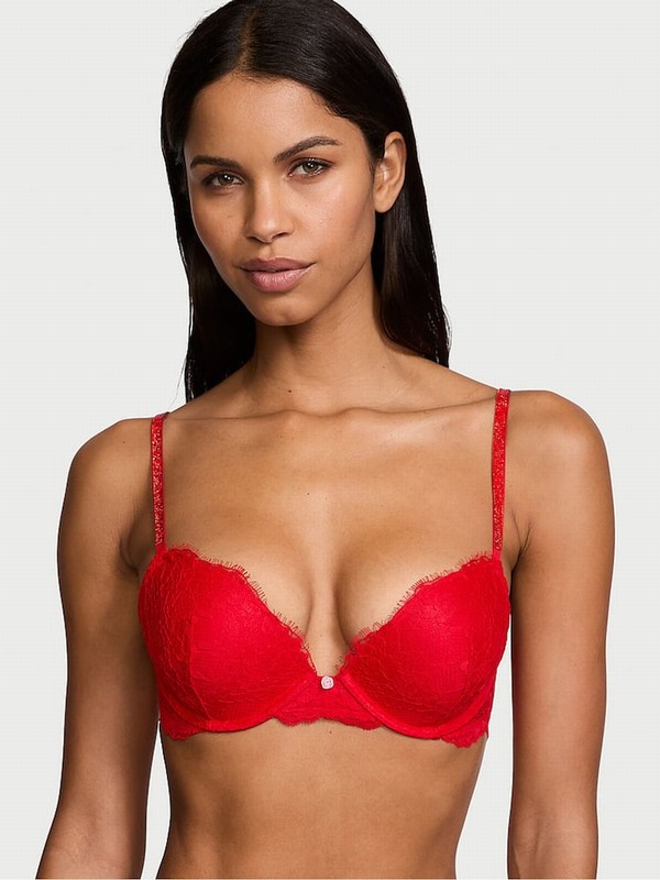 Red Victoria Secret Vermillion Push Up Twinkle Shine Strap Bras | YCZEM6853