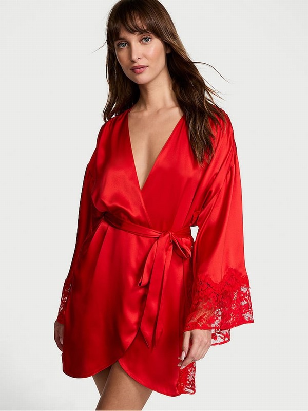 Red Victoria Secret Vermillion Satin Lace Trim Robe Lingerie | YGKCM5290