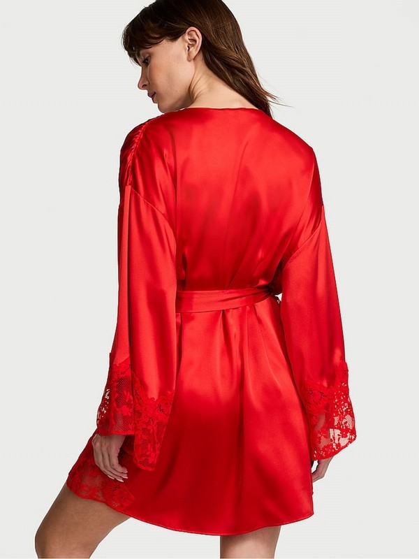 Red Victoria Secret Vermillion Satin Lace Trim Robe Lingerie | YGKCM5290