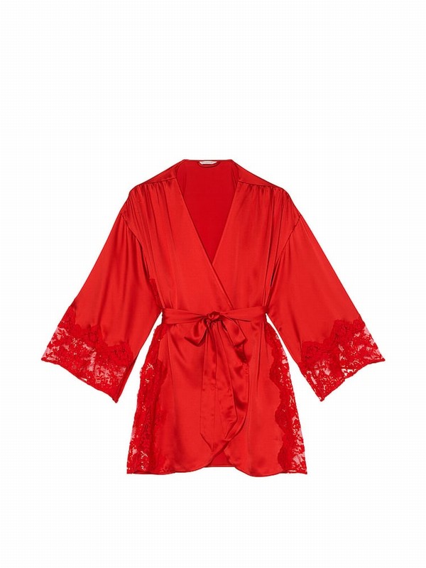 Red Victoria Secret Vermillion Satin Lace Trim Robe Lingerie | YGKCM5290