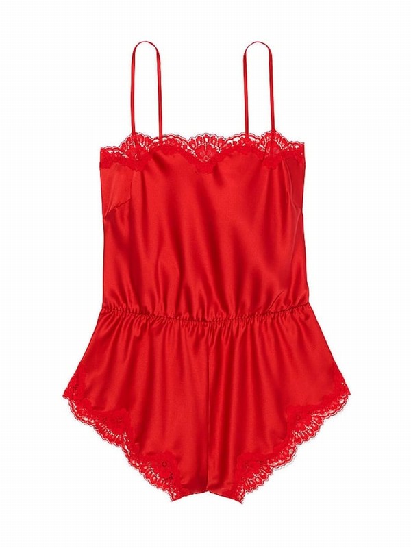Red Victoria Secret Vermillion Satin Lace-Trim Jumpsuit | FLWEJ0183