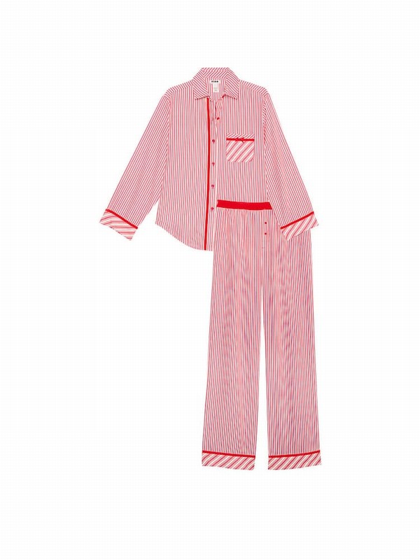 Red Victoria Secret Vermillion Stripes Flannel Long Nightwear | RMAHN4925