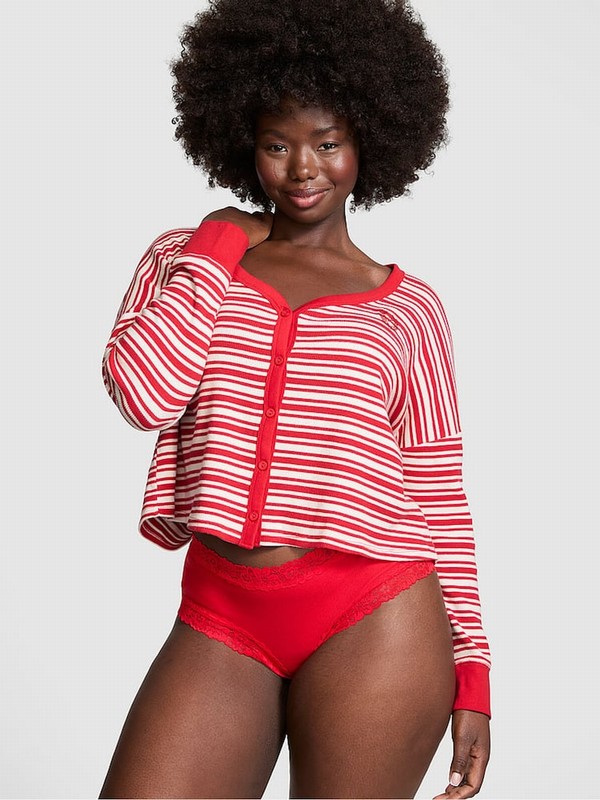 Red Victoria Secret Vermillion Stripes Thermal Cropped Top Nightwear | BOLFE8307