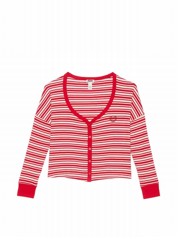 Red Victoria Secret Vermillion Stripes Thermal Cropped Top Nightwear | BOLFE8307
