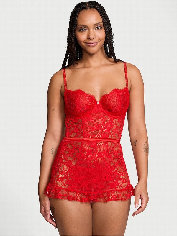Red Victoria Secret Vermillion Twinkle Lace Apron Babydoll Lingerie | JKQWD3465
