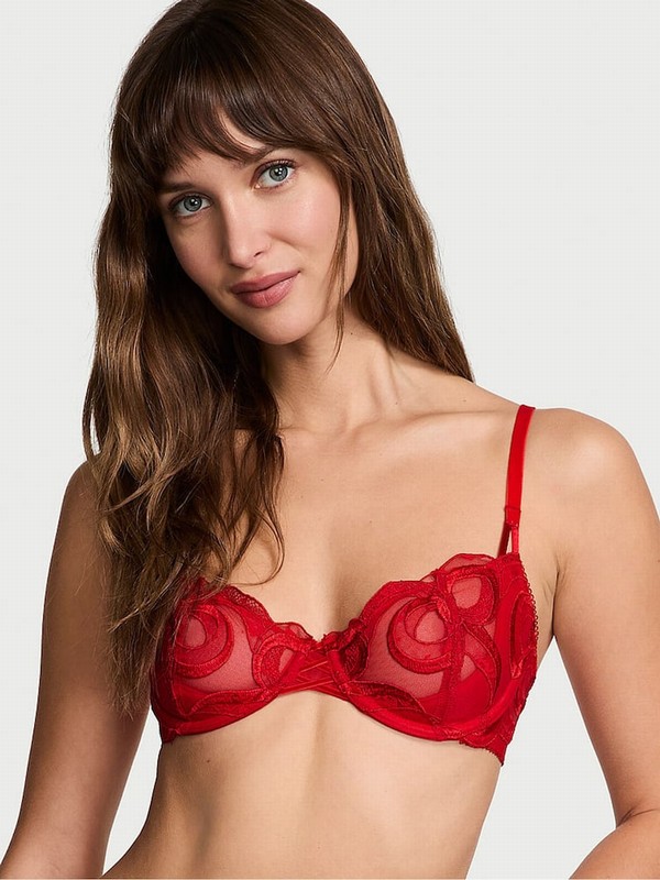Red Victoria Secret Vermillion Unlined Balcony Bow Embroidery Bras | LIKMX5013