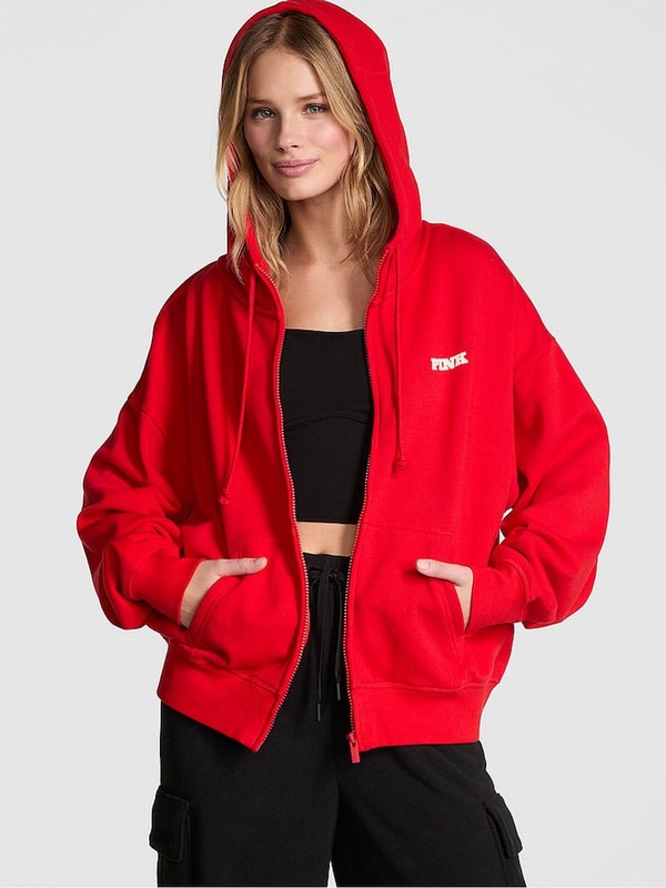 Red Victoria Secret Vermillion Zip Up Fleece Hoodie | TWRUV2014