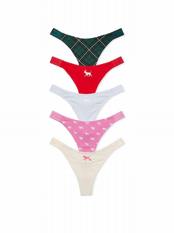 Red / Pink / Beige / White / Green Victoria Secret Thong Logo 5 Pack Underwear | TSLYO9107