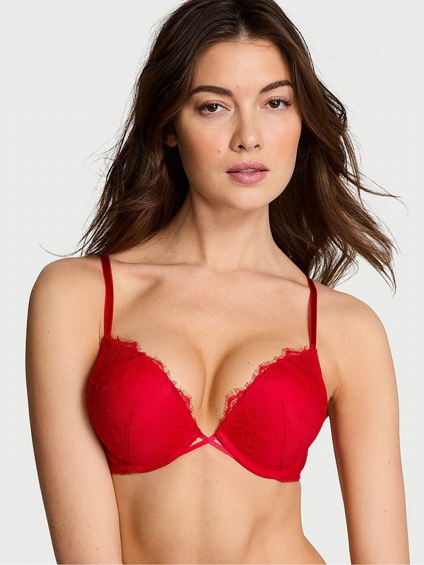 Red / Rose Victoria Secret Lipstick Bombshell Add 2 Cups Push Up Lace Bras | CBETH9863