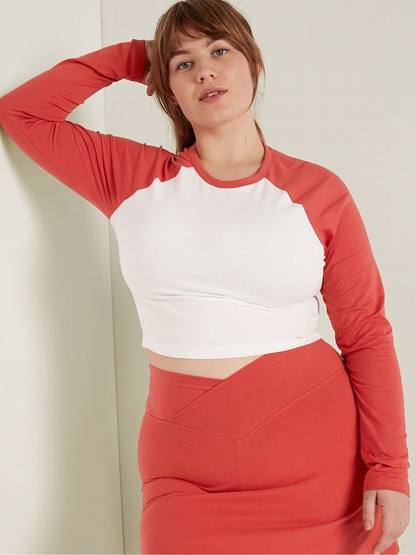 Red / White Victoria Secret Long Sleeve Crop T Shirts | HNRSW8564