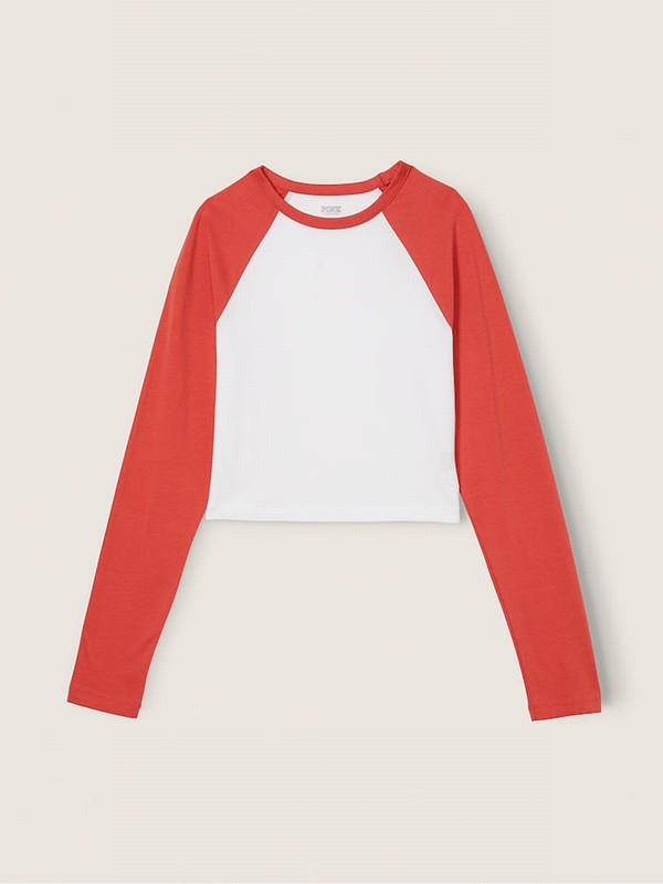 Red / White Victoria Secret Long Sleeve Crop T Shirts | HNRSW8564