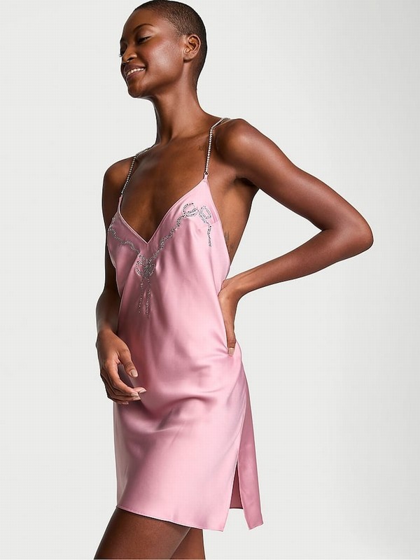 Rose Victoria Secret Chalk Shine Twinkle Bows Satin Open Back Slip Lingerie | GWSHD9674