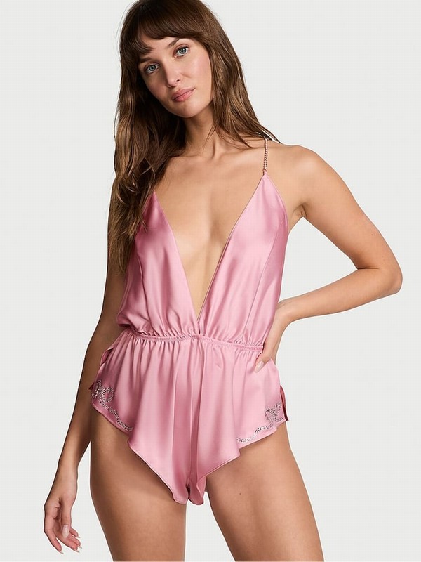 Rose Victoria Secret Chalk Shine Twinkle Bows Satin Jumpsuit | GMUTV6804