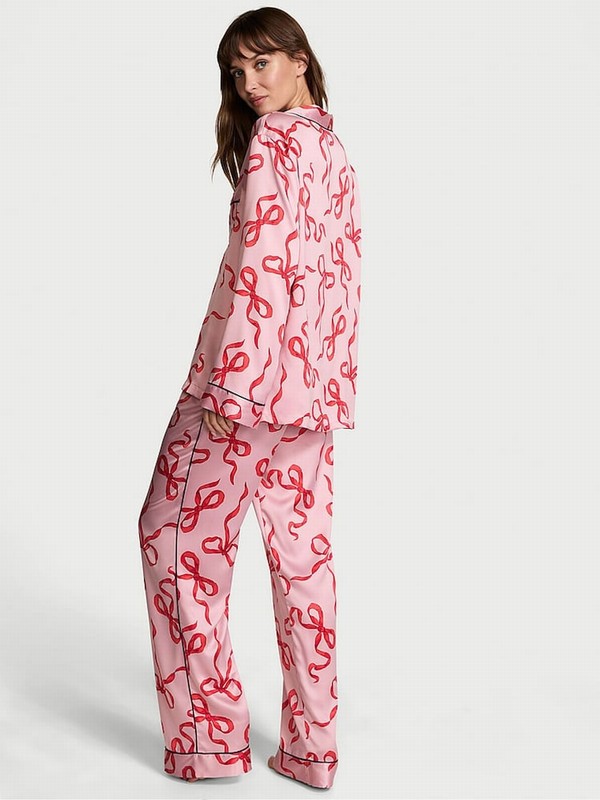 Rose / Pink Victoria Secret Chalk/Lipstick Bows Satin Long Nightwear | TRUFN8752