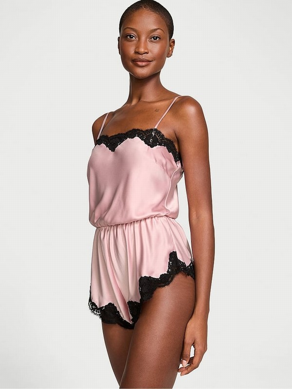 Rose / Pink Victoria Secret Chalk Satin Lace-Trim Jumpsuit | JIACP8594