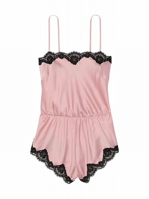 Rose / Pink Victoria Secret Chalk Satin Lace-Trim Jumpsuit | JIACP8594