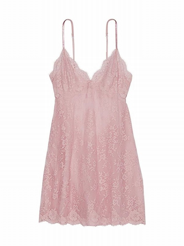 Rose / Pink Victoria Secret Chalk Twinkle Shine Strap Lace Slip Nightwear | YPANE5316