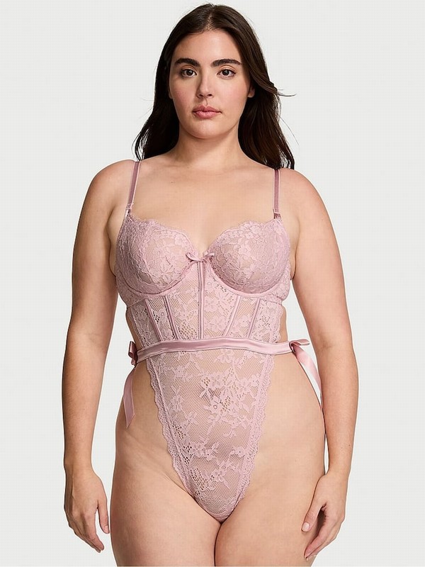 Rose / Pink Victoria Secret Chalk Unlined Balcony Lace Bodysuit Lingerie | DHJTE7382