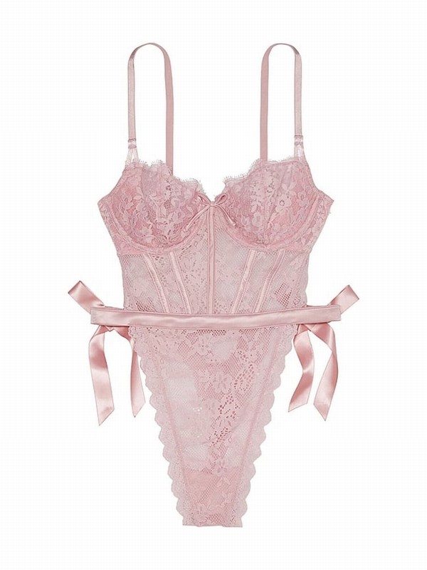 Rose / Pink Victoria Secret Chalk Unlined Balcony Lace Bodysuit Lingerie | DHJTE7382