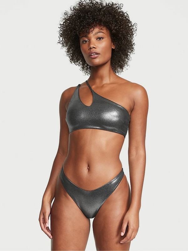 Silver Victoria Secret Foil Rib Cut Out One Shoulder Bikini Top | RFVDH5183