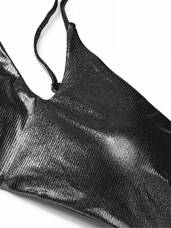 Silver Victoria Secret Foil Rib Cut Out One Shoulder Bikini Top | RFVDH5183
