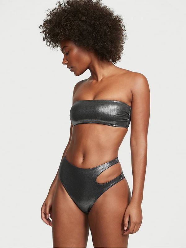 Silver Victoria Secret Foil Rib High Waisted Cut Out High Waist Cheeky Bikini Bottom | OFWPI2417
