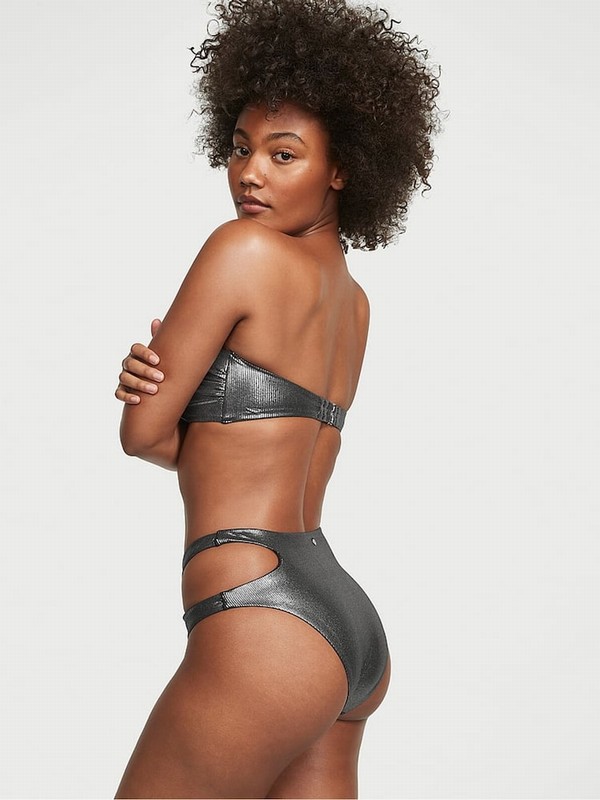 Silver Victoria Secret Foil Rib High Waisted Cut Out High Waist Cheeky Bikini Bottom | OFWPI2417