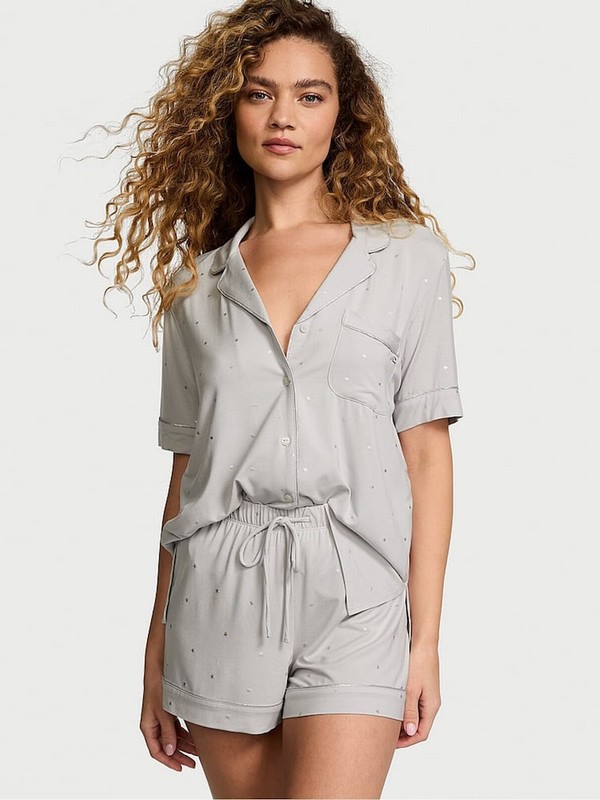 Silver / Grey Victoria Secret Pearl Foil Stars Modal Nightwear | TJOFL1325