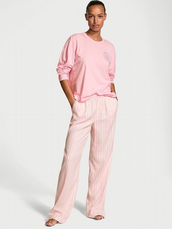 Stripes / Pink Victoria Secret Pretty Blossom Core Lurex Long Sleeve Flannel Nightwear | FDHPI7894