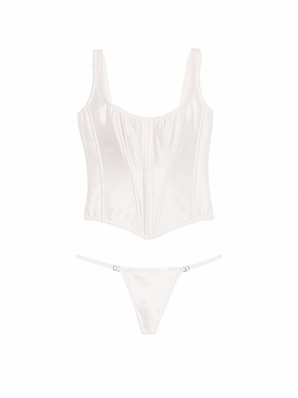White Victoria Secret Coconut Archive Satin Corset and Knicker Set Lingerie | IMEWA6134
